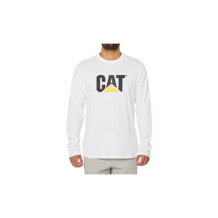 White Men's Caterpillar Original Fit Ls Logo T-Shirts | 324067LYK