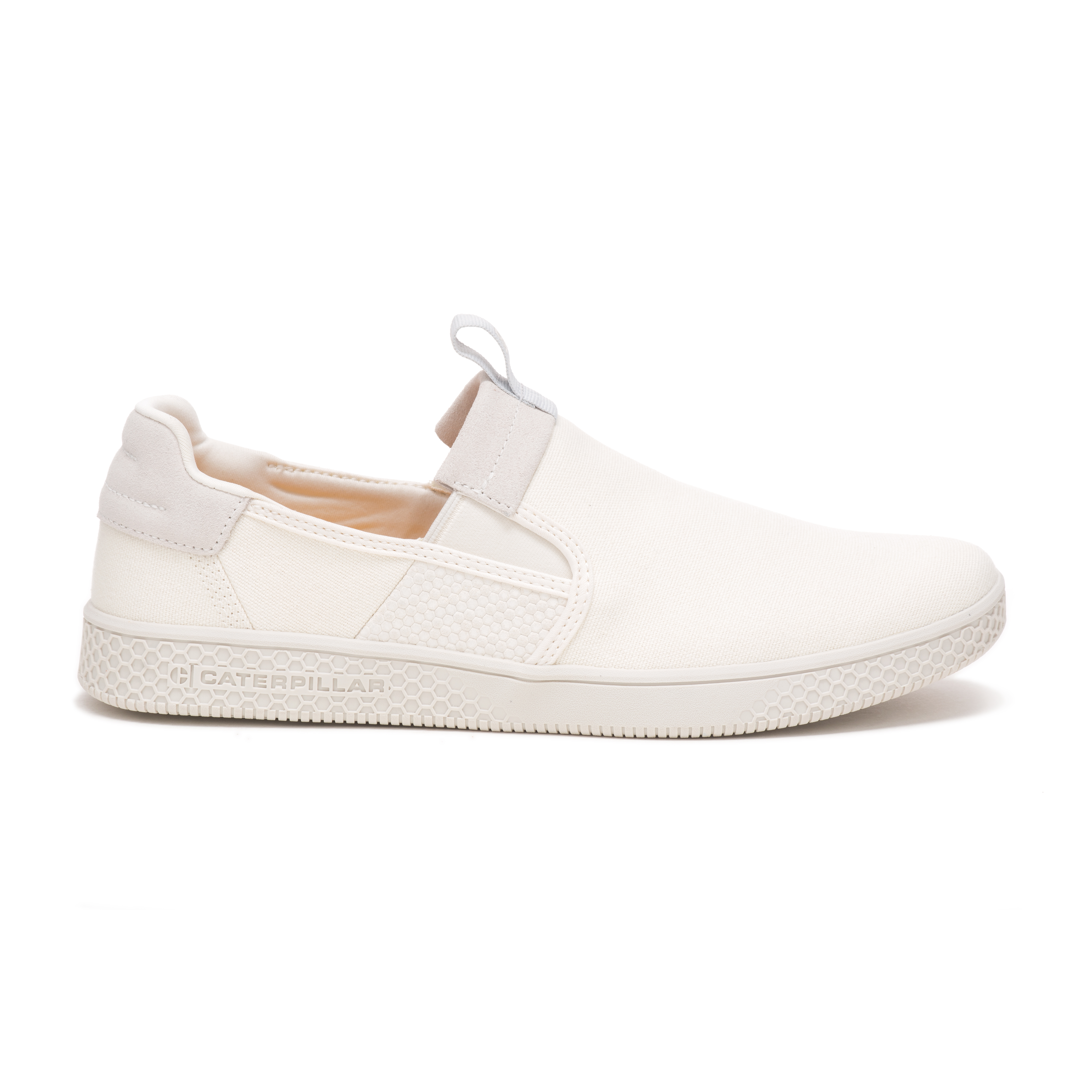 White Men's Caterpillar Pause Slip On Canvas Casual Shoes | 128970QZY