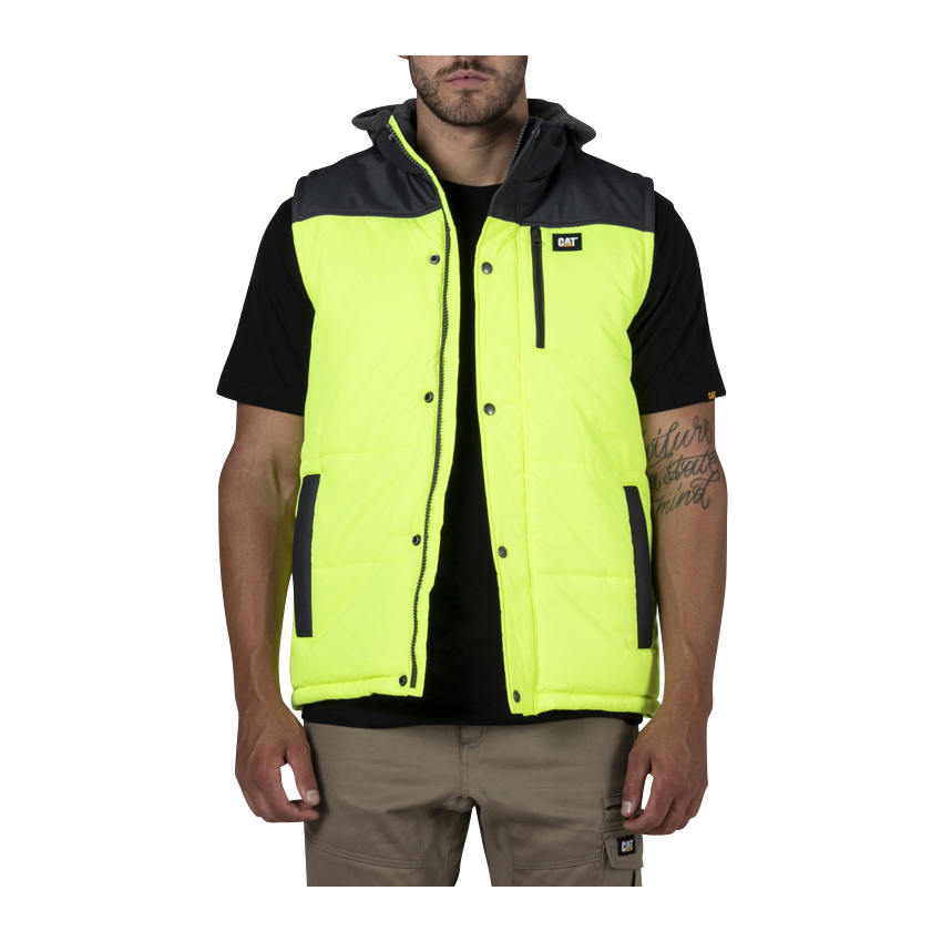 Yellow/Black Men's Caterpillar Hi Vis Hooded Work Vests | 780543QIS